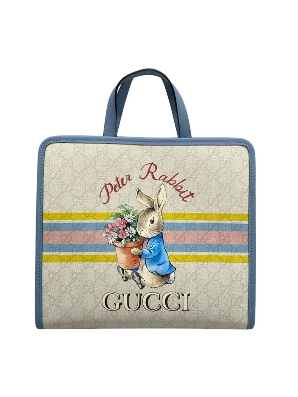 Gucci Tote Children's GG Print Ivory Light Blue Multi Peter Rabbit Leather